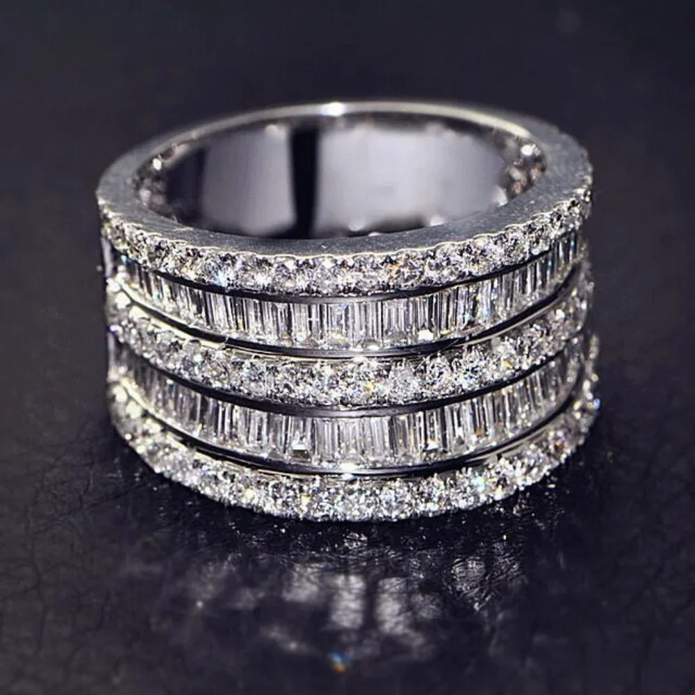 NEW Silver Baguette & Round Diamond Stacked Wide Band